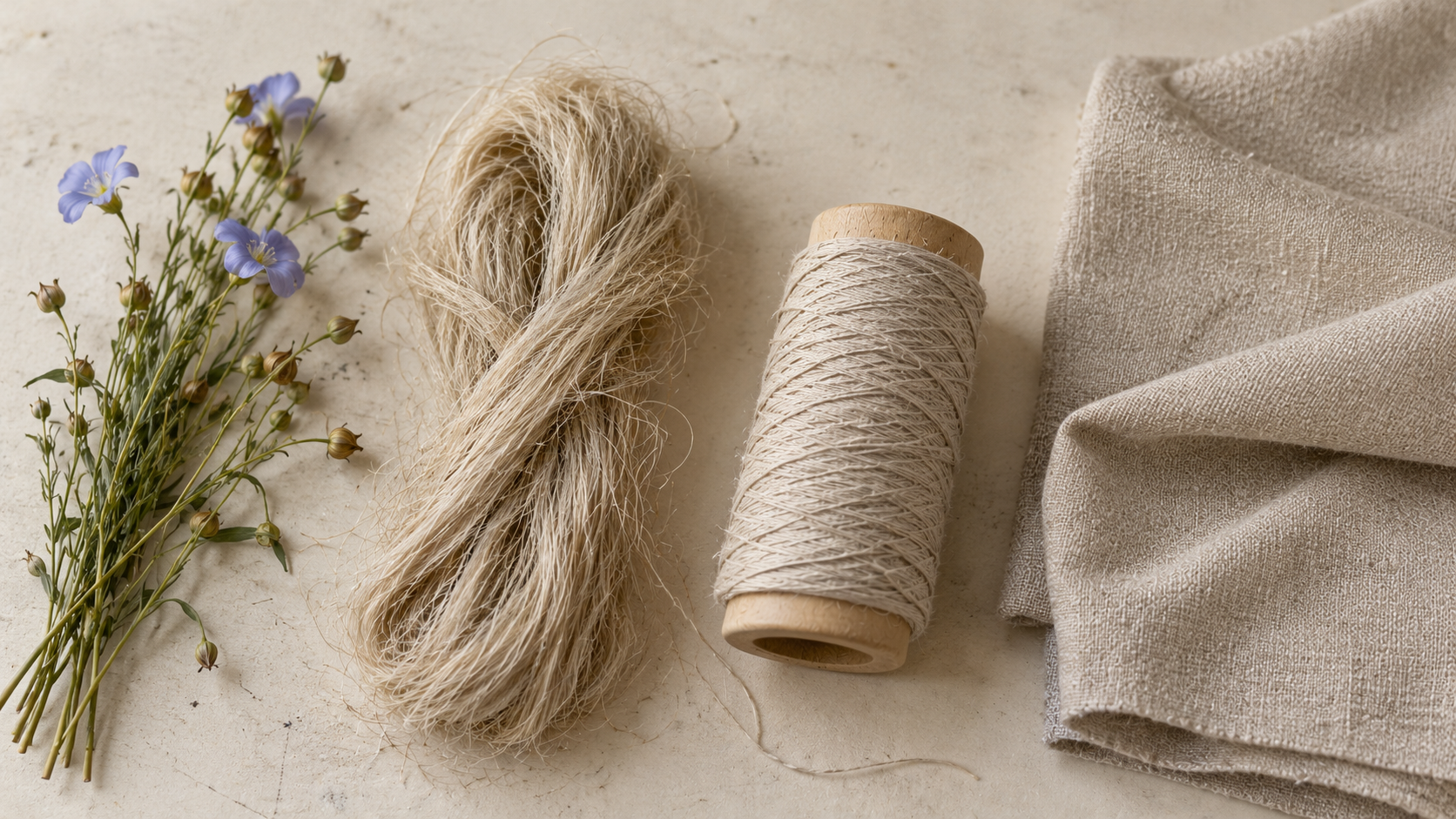 De la plante au tissu de lin : tiges fleuries, fibres, bobine de fil et tissu