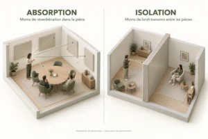 Illustration 3D comparant l’absorption acoustique dans une pièce et l’isolation acoustique entre deux pièces.