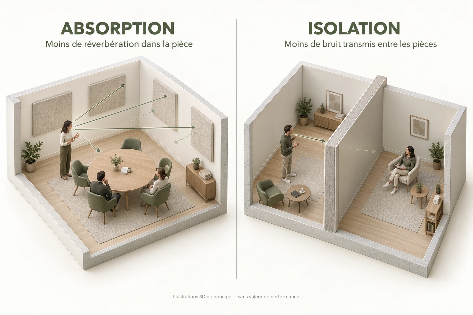 Absorption dans une pièce et isolation entre deux pièces : comparaison en 3D