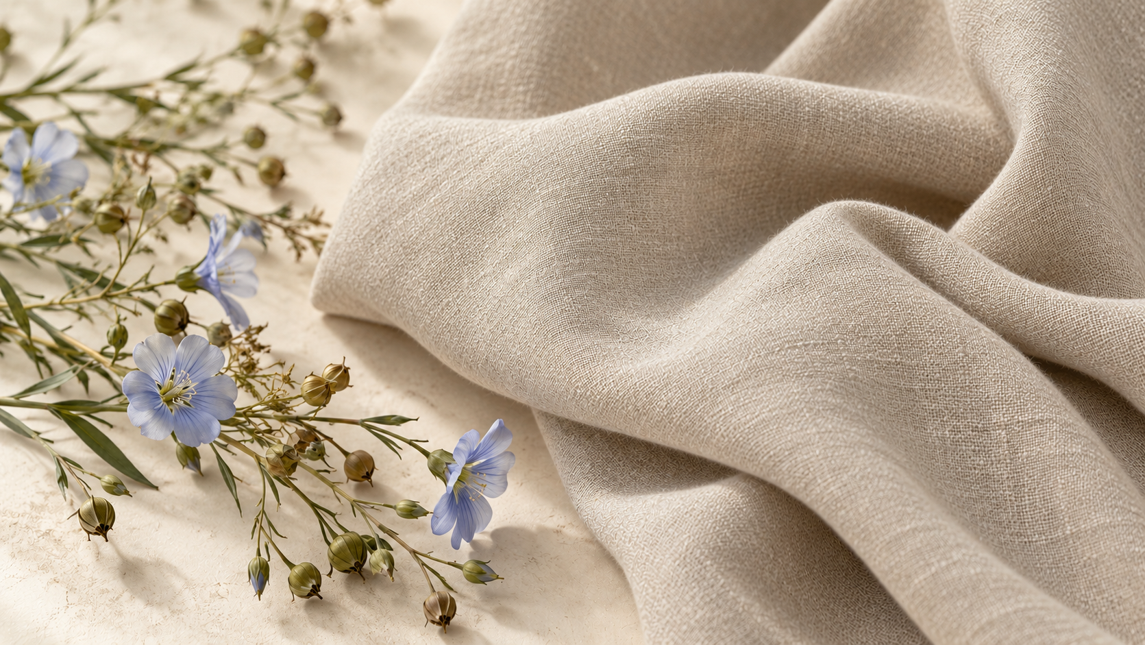 Texture d’un tissu de lin naturel aux côtés de fleurs de lin bleues